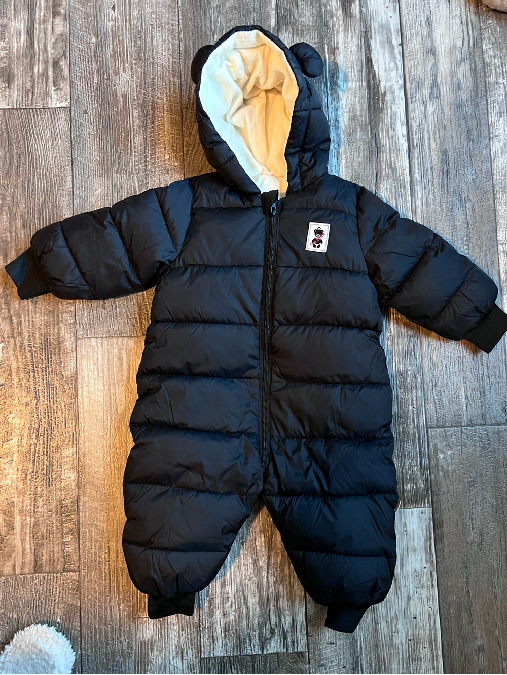 The Bear Baby Hooded Puffer Bunting Snowsuit – Black, Fleece-Lined]
